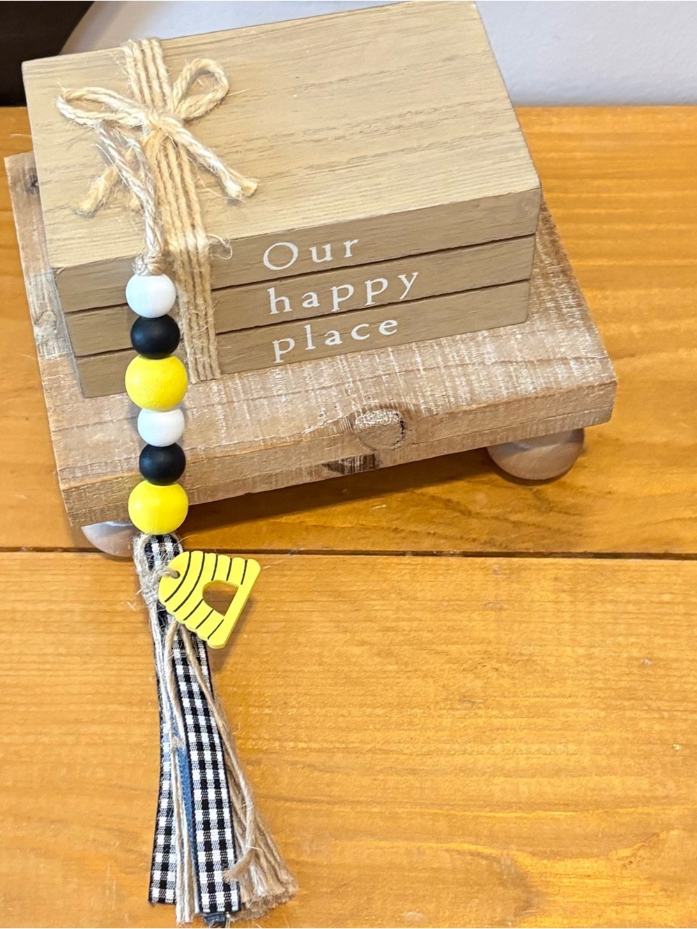Bee Happy Beaded Garland - Black, Yellow & Natural Wood Beads - Tier Tray Decor